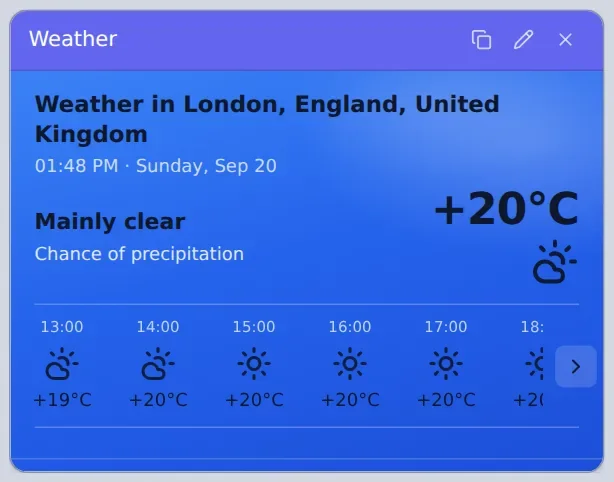 Weather widget for London with an hourly forecast.