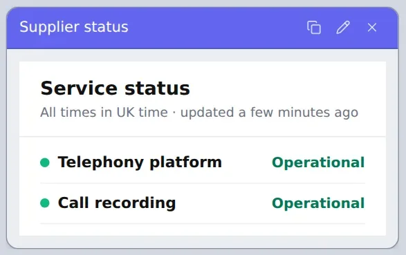 Web page widget showing a supplier's service status page.
